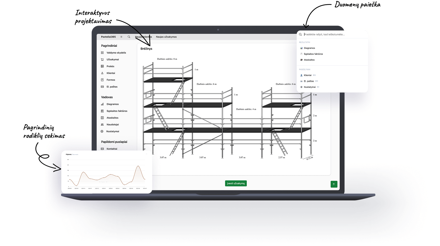 ERP sistemos ekrano vaizdas su pastolių brėžiniu, užsakymų valdymu ir klientų duomenų paieška.