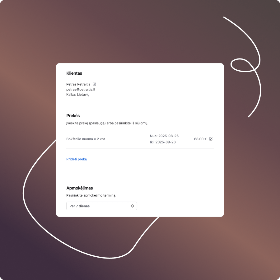ERP sistemos sąskaitos redagavimo langas su kliento duomenimis, prekių nuomos informacija ir apmokėjimo terminu.