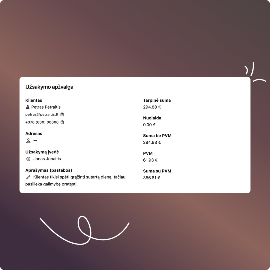 ERP sistemos užsakymo apžvalga su kliento informacija, suma be PVM, PVM ir bendra suma.